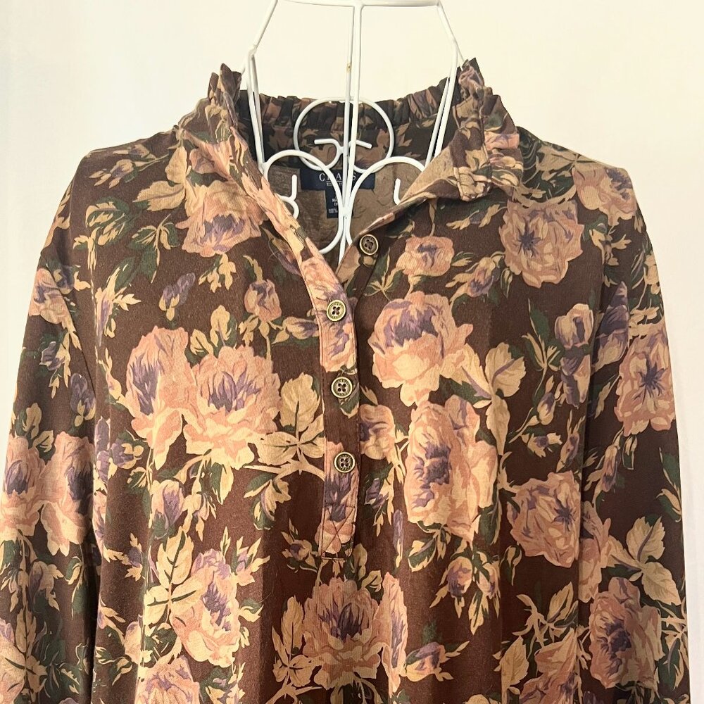 Chaps Brown Floral Half Clasp 3/4 Sleeve Shirt